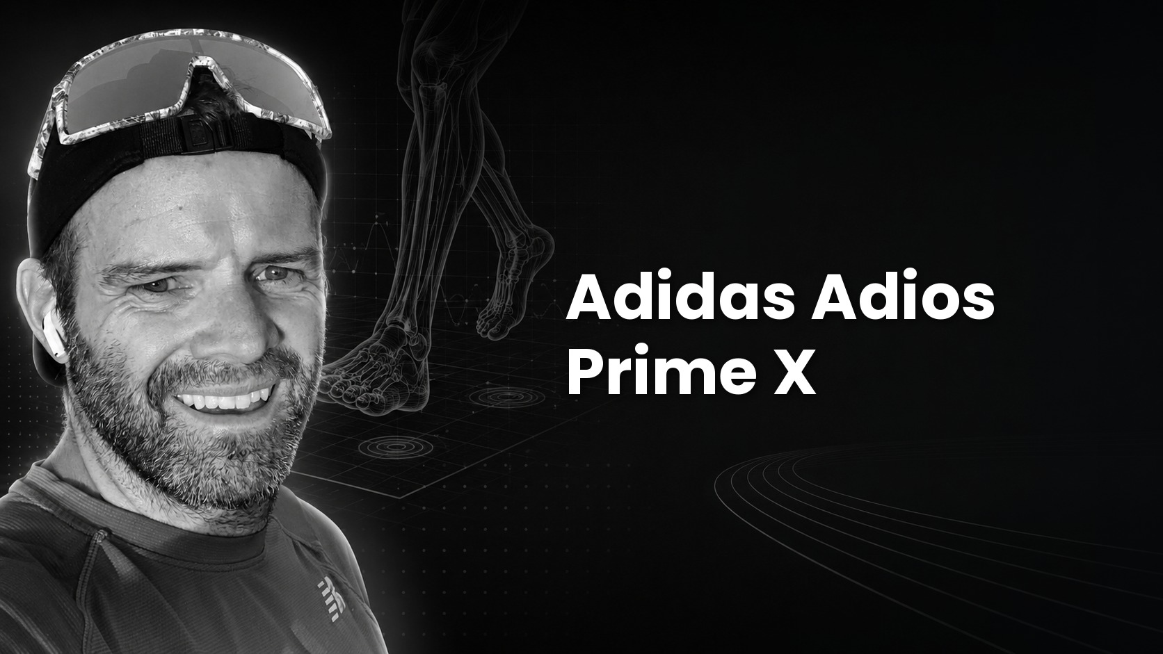 Black-and-white cover portrait of a bearded runner with an anatomical muscle overlay graphic, with the title "Adidas Adios Prime X" in bold white text.