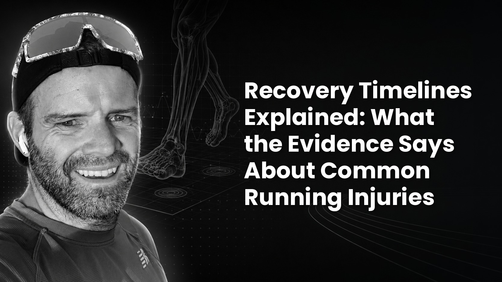 Black-and-white cover portrait of a bearded runner with an anatomical muscle overlay graphic, with the title "Recovery Timelines Explained: What the Evidence Says About Common Running Injuries" in bold white text.