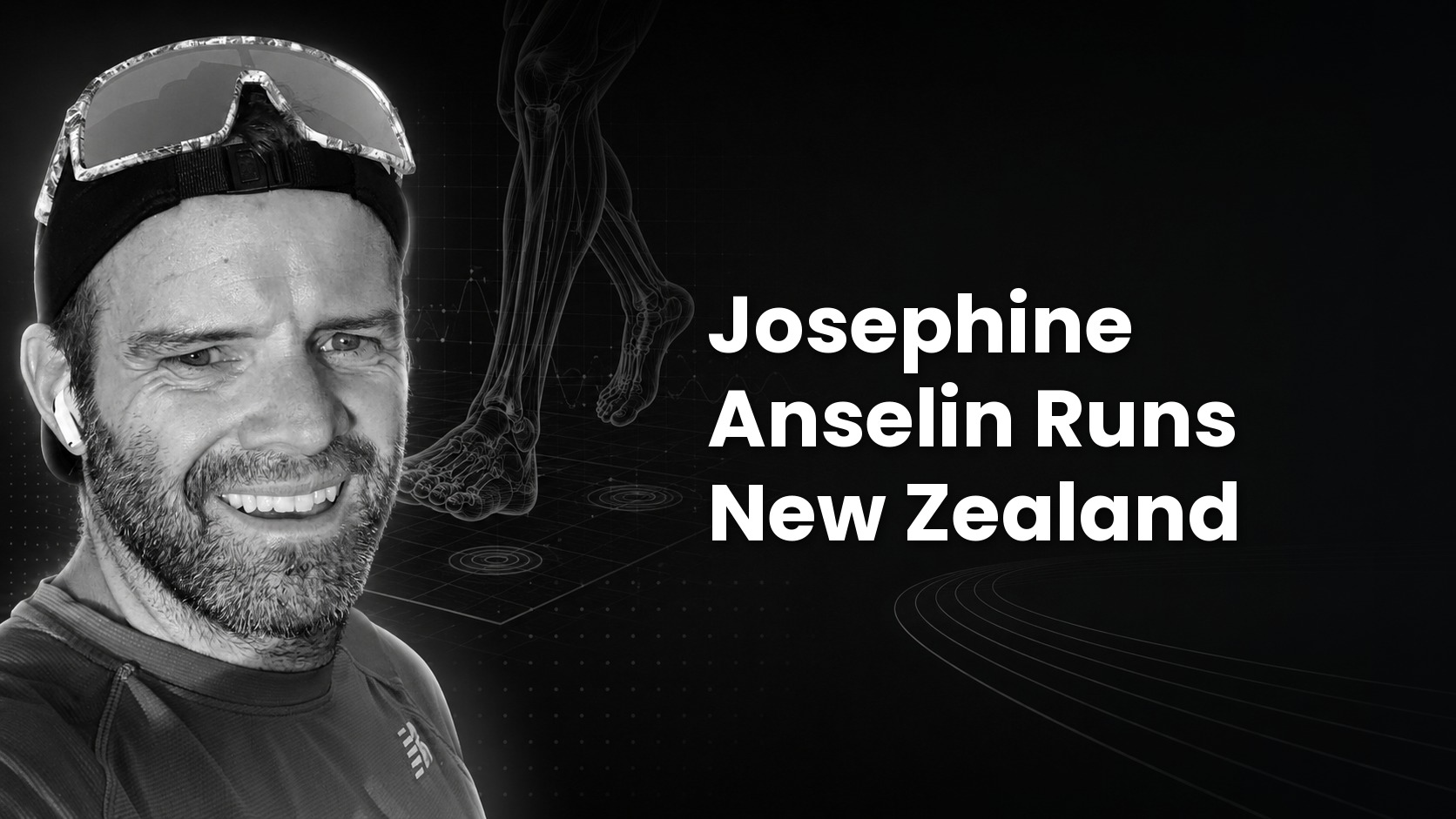 Black-and-white cover portrait of a bearded runner with an anatomical muscle overlay graphic, with the title "Josephine Anselin Runs New Zealand" in bold white text.
